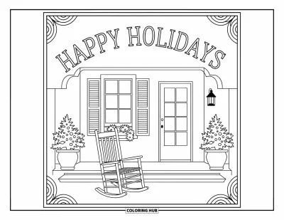 Coloriage Joyeuses Fêtes pour adultes : Rocking-chair et lanterne sur un porche festif avec une banderole de fête