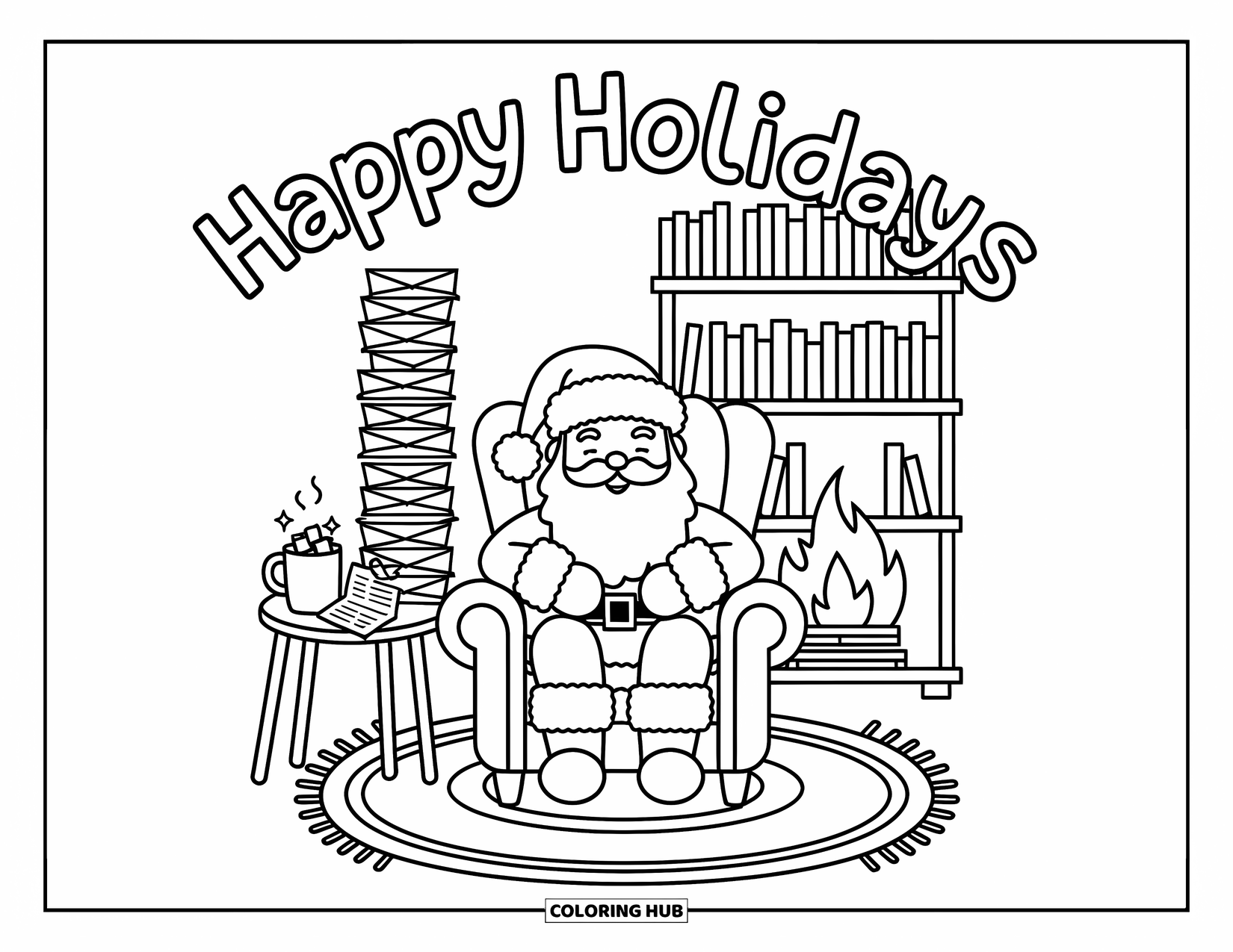 Happy Holidays Coloring Page for Adults: Santa relaxes in a cozy chair with cocoa, letters, and books