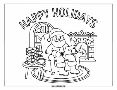 Coloriage Joyeuses Fêtes pour adultes : Père Noël assis près du feu lisant des lettres devant un panneau festif chaleureux