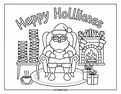 Coloriage Joyeuses Fêtes pour adultes : Le coin douillet du Père Noël avec lettres, chocolat chaud, cheminée et ambiance festive