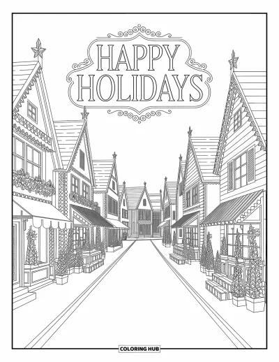 Coloriage Joyeuses Fêtes pour adultes : Boutiques alignées le long d'une rue enneigée sous un ciel "Happy Holidays" illuminé