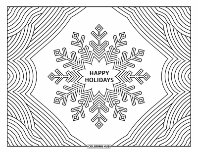 Coloriage Joyeuses Fêtes pour adultes : Mandala en flocon de neige rayonnant autour de "Happy Holidays" au centre