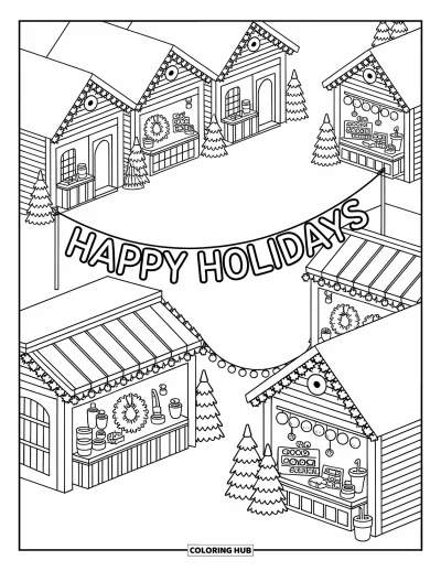Coloriage Joyeuses Fêtes pour adultes : Place de village enneigée avec stands de marché et banderole festive