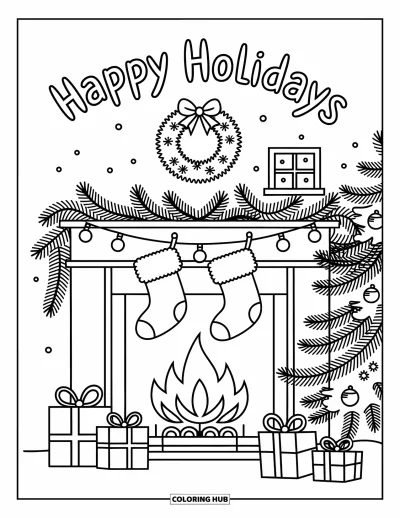 Coloriage Joyeuses Fêtes pour adultes : Bas de Noël, guirlandes et sapin lumineux pour une belle scène de cheminée
