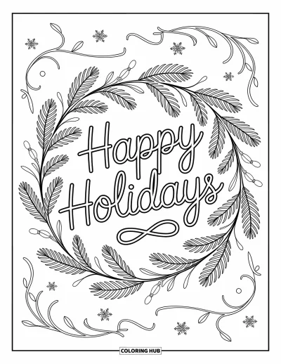 Coloriage Joyeuses Fêtes pour adultes : Guirlande scintillante encadrant un joyeux message de fête en contours détaillés
