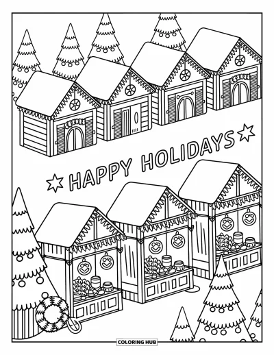 Coloriage Joyeuses Fêtes pour adultes : Village avec couronnes, chocolat chaud et banderole "Happy Holidays"