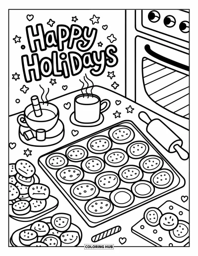 Coloriage Joyeuses Fêtes pour adultes : Boissons avec crème fouettée et biscuits sous un joyeux message de fête