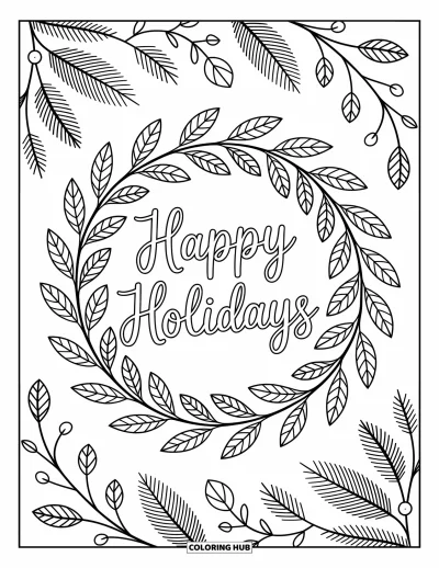Coloriage Joyeuses Fêtes pour adultes : Couronne avec volutes et baies autour d'une belle typographie de fête