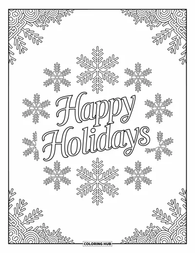 Coloriage Joyeuses Fêtes pour adultes : Flocons de neige zentangle encerclant un message de fête avec des motifs raffinés