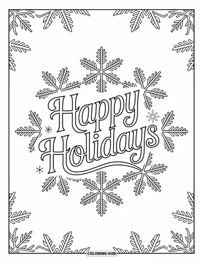 Coloriage Joyeuses Fêtes pour adultes : Flocons de neige zentangle encadrant des lettres de fête avec des détails apaisants