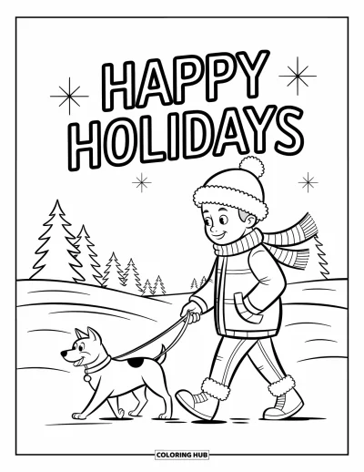Coloriage Joyeuses Fêtes pour enfants : Garçon et chien se promenant dans la neige dans une atmosphère chaleureuse de fête