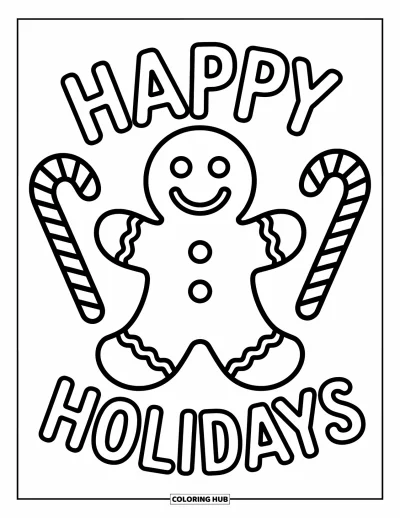 Coloriage Joyeuses Fêtes pour enfants : Bonhomme en pain d'épices joyeux avec cannes en sucre d'orge et texte de fête en gras