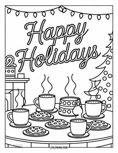 Coloriage Joyeuses Fêtes pour enfants : Biscuits et tasses pour une scène festive chaleureuse