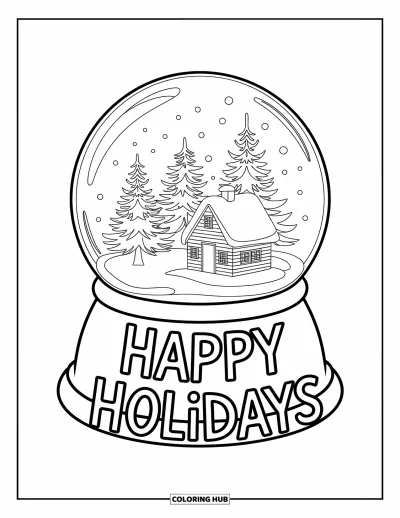 Coloriage Joyeuses Fêtes pour enfants : Chalet et arbres dans une boule à neige avec un message de fête en dessous