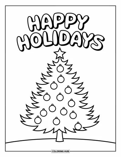 Coloriage Joyeuses Fêtes pour enfants : Sapin décoré avec boules rondes et joyeux message en lettres ludiques