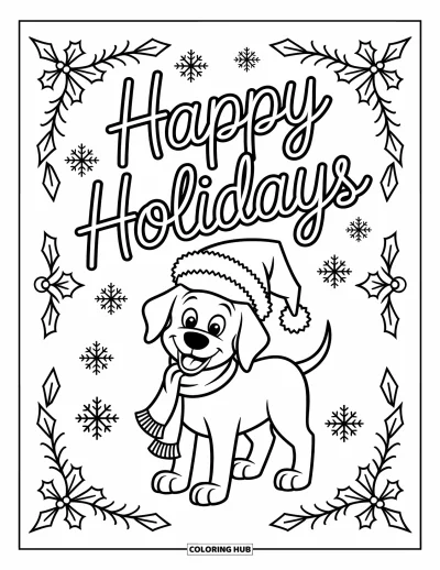 Coloriage Joyeuses Fêtes pour enfants : Chien festif dans la neige avec un joyeux message en lettres cursives