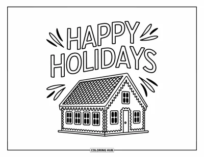 Coloriage Joyeuses Fêtes pour enfants : Maison en pain d'épices festive avec tourbillons, cannes en sucre d'orge et joyeux message