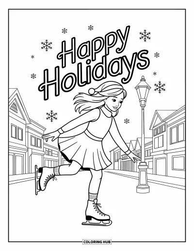 Coloriage Joyeuses Fêtes pour enfants : Patineuse gracieuse et village enneigé dans une scène de fête joyeuse