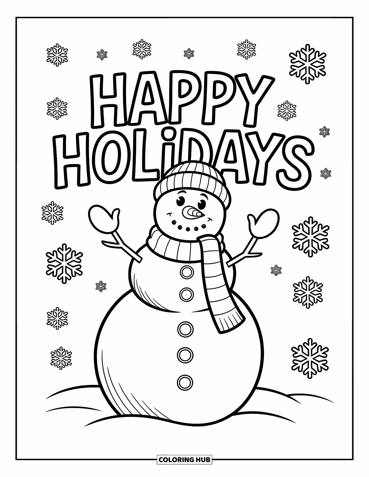 Happy Holidays Coloring Page for Kids: Happy snowman in a cozy hat with swirling snowflakes and bold letters