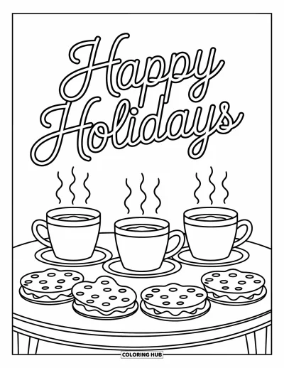 Coloriage Joyeuses Fêtes pour enfants : Friandises de fête et chocolat chaud sur une table enneigée