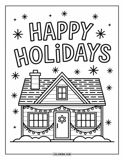 Coloriage Joyeuses Fêtes pour enfants : Maison avec cheminée, fenêtres et message de fête
