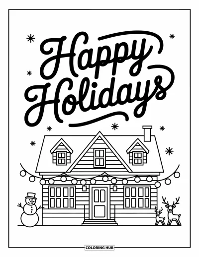 Coloriage Joyeuses Fêtes pour enfants : Maison avec guirlandes lumineuses et joyeux message de fête
