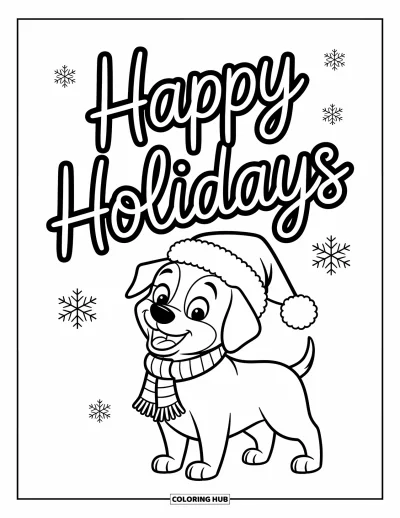 Coloriage Joyeuses Fêtes pour enfants : Chien joyeux avec bonnet de Père Noël à côté d'un message festif
