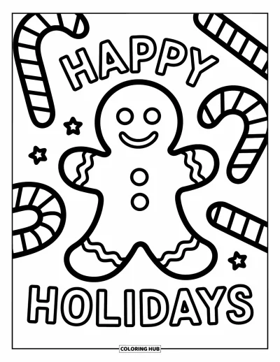 Coloriage Joyeuses Fêtes pour enfants : Bonhomme en pain d'épices souriant entouré de friandises et d'un message festif