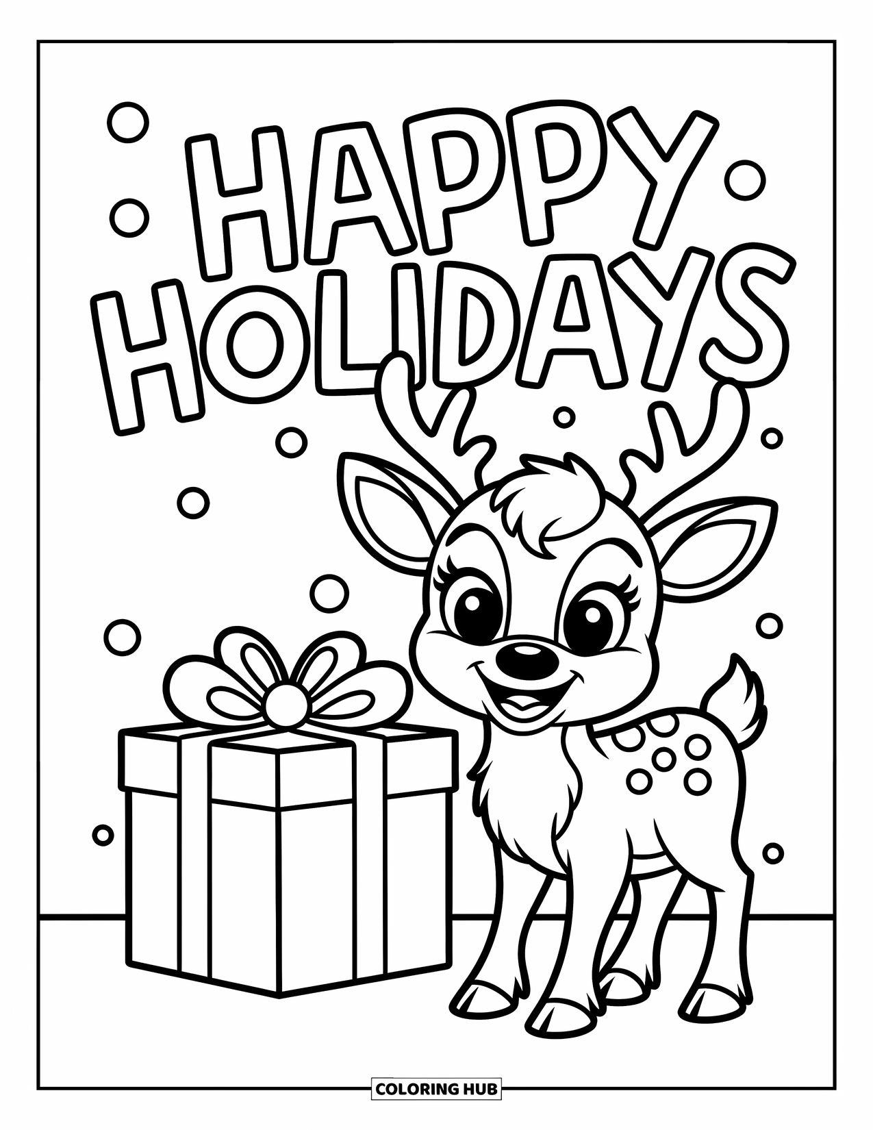 Happy Holidays Coloring Page for Kids: Joyful reindeer and present under big festive holiday letters