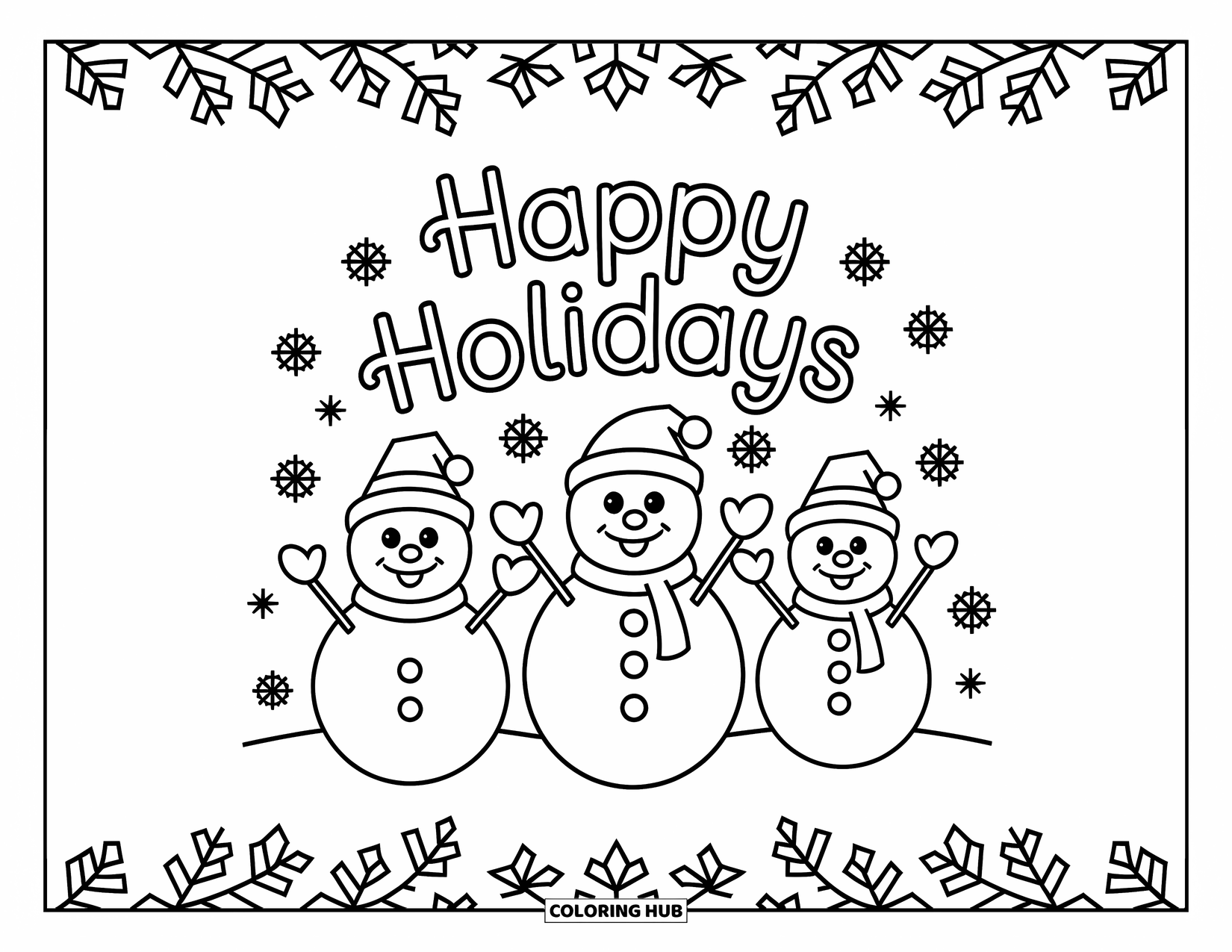 Happy Holidays Coloring Page for Kids: Joyful snowman family under a curved "Happy Holidays" sign