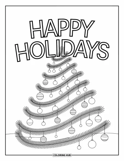 Coloriage Joyeuses Fêtes pour enfants : Sapin de Noël en étages avec boules et lettres de fête en gras