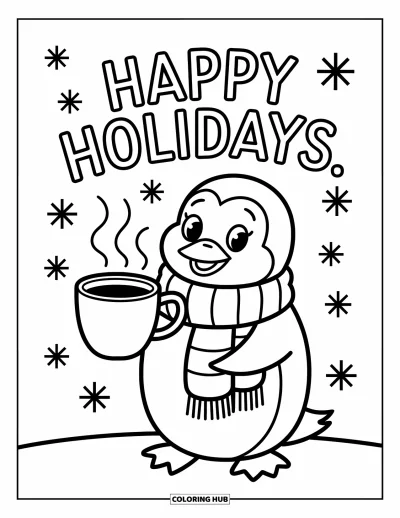 Coloriage Joyeuses Fêtes pour enfants : Pingouin avec écharpe et tasse chaude sous un message de fête