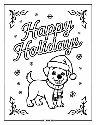 Coloriage Joyeuses Fêtes pour enfants : Chiot avec écharpe et flocons pour une touche chaleureuse de fête