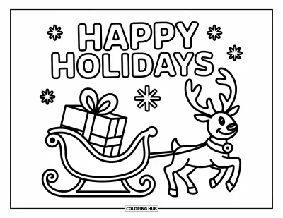 Coloriage Joyeuses Fêtes pour enfants : Renne tirant un traîneau avec grand cadeau et joyeux message