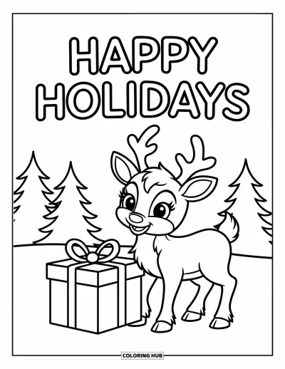 Coloriage Joyeuses Fêtes pour enfants : Renne aux grands yeux à côté d'un cadeau dans une scène enneigée