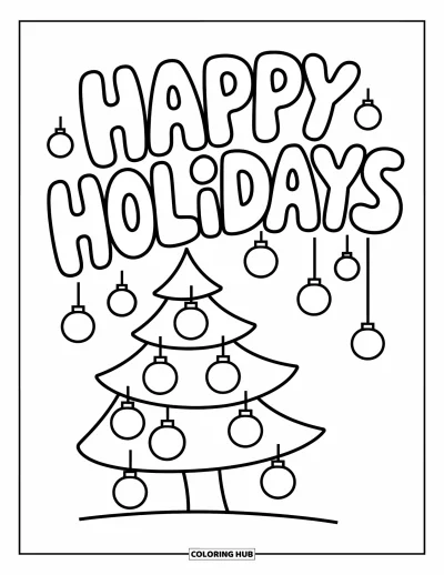 Coloriage Joyeuses Fêtes pour enfants : Sapin simple et lettres rondes pour une scène de fête amusante