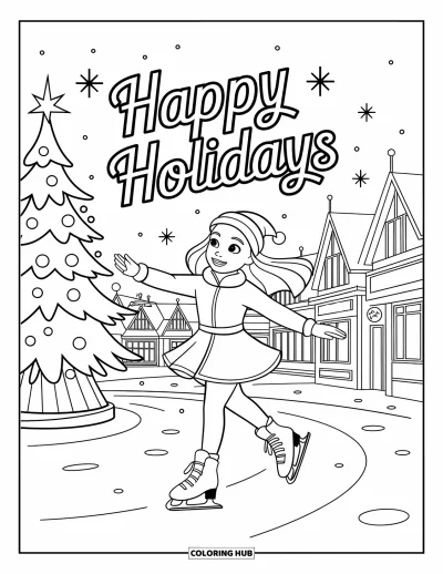 Coloriage Joyeuses Fêtes pour enfants : Patineuse glissant sur une place festive avec message de fête au-dessus