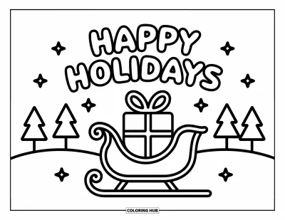 Coloriage Joyeuses Fêtes pour enfants : Traîneau avec un cadeau et joyeux texte de fête