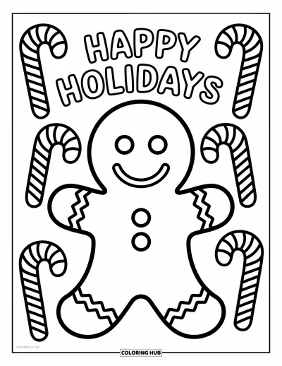 Coloriage Joyeuses Fêtes pour enfants : Bonhomme en pain d'épices souriant entouré de cannes en sucre d'orge et de lettres festives