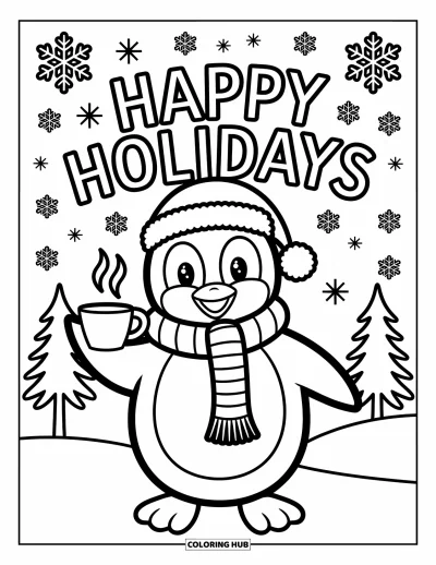 Coloriage Joyeuses Fêtes pour enfants : Pingouin souriant avec chocolat chaud dans une scène enneigée