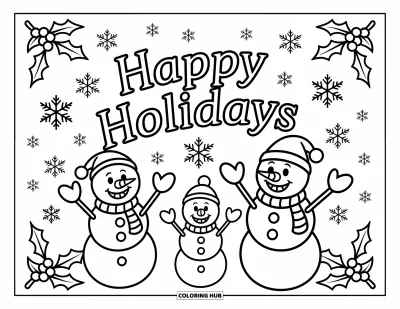 Coloriage Joyeuses Fêtes pour enfants : Bonhommes de neige souriants et message festif dans une scène enneigée
