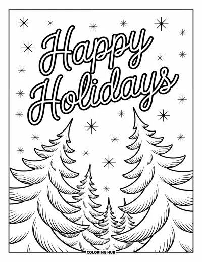 Coloriage Joyeuses Fêtes pour enfants : Arbres enneigés et message de fête sous un ciel étoilé