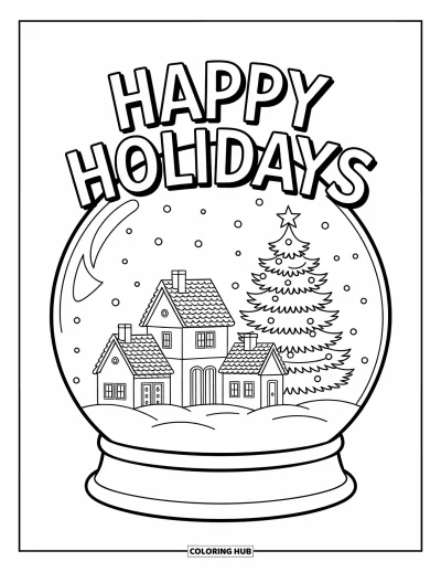 Coloriage Joyeuses Fêtes pour enfants : Boule à neige avec petites maisons et "Happy Holidays" au-dessus