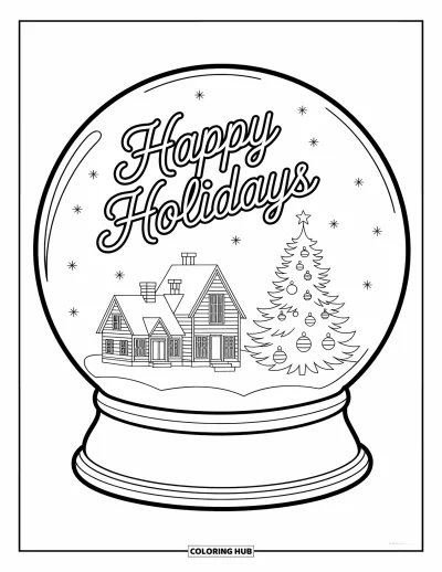 Coloriage Joyeuses Fêtes pour enfants : Village en boule à neige et sapin festif avec message de bienvenue