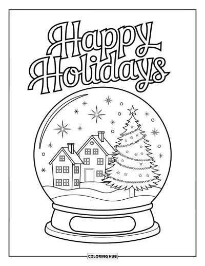 Coloriage Joyeuses Fêtes pour enfants : Boule à neige avec sapin décoré et chaleureux message de fête