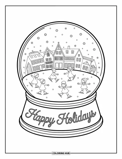 Coloriage Joyeuses Fêtes pour enfants : Boule à neige avec village animé et doux message de fête