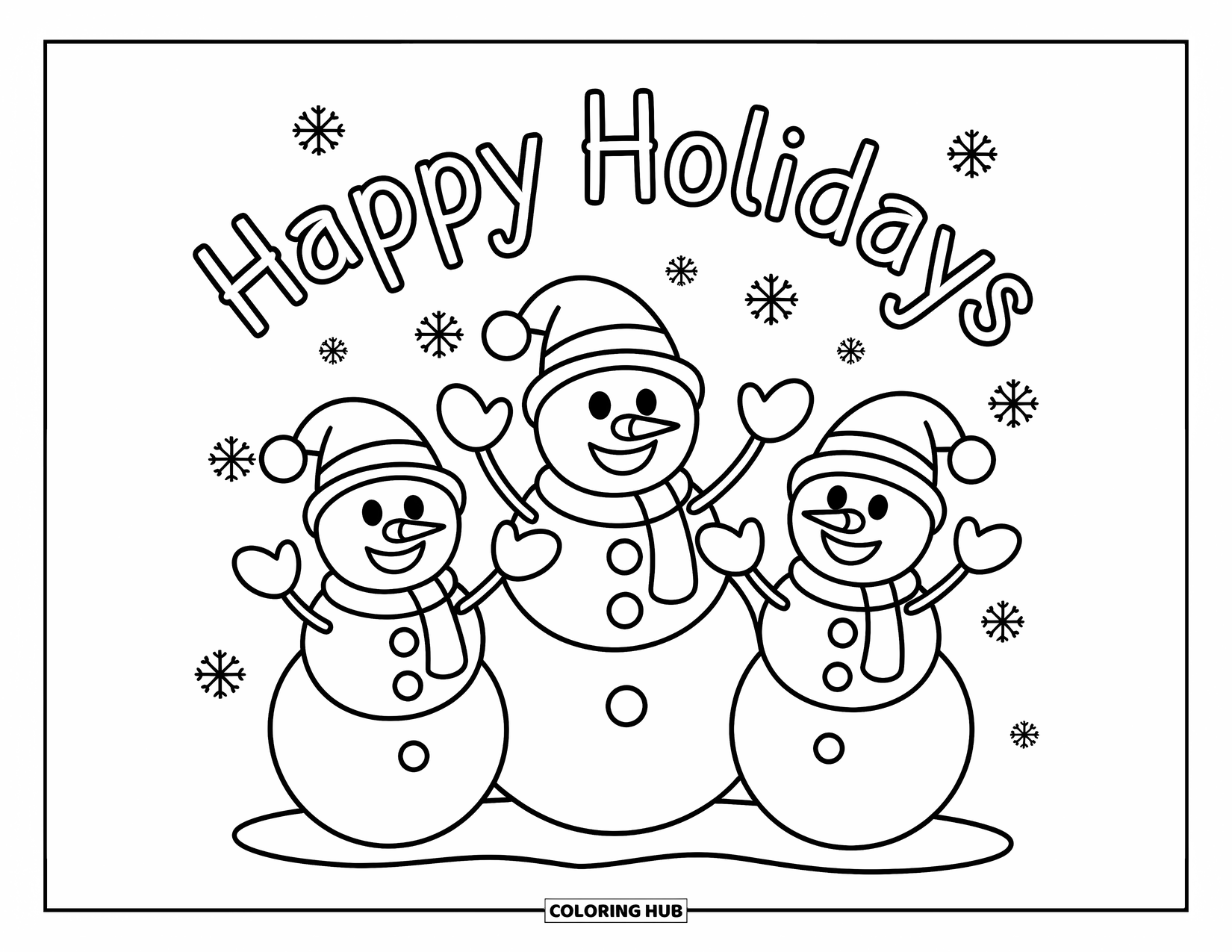 Happy Holidays Coloring Page for Kids: Snowman family waves under gently falling snow and a holiday banner