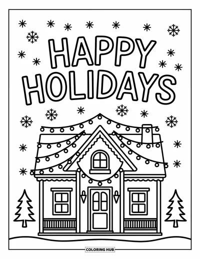 Coloriage Joyeuses Fêtes pour enfants : Maison enneigée avec lumières et joyeux message en lettres ludiques
