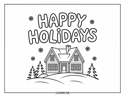 Coloriage Joyeuses Fêtes pour enfants : Maison enneigée avec sapins et joyeux message en lettres fantaisistes