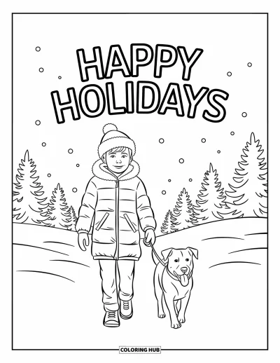 Coloriage Joyeuses Fêtes pour enfants : Adolescent promenant son chien sous la neige avec une banderole de fête